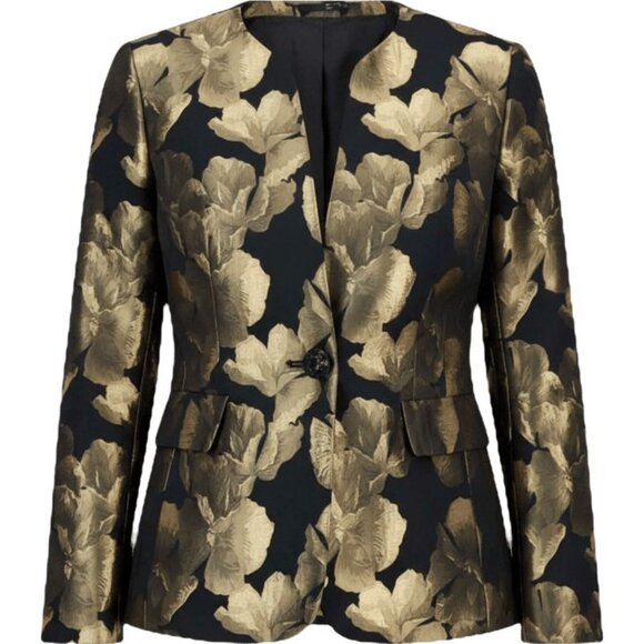 Kasper Black Gold Metallic Jacquard Collarless Jacket Petite Size 12P $159 - Picture 2 of 3